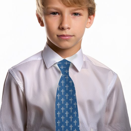 Religiöse Cross Classic Blue Imitats Silberkommuni Krawatte