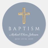 Religiöse Cross Dusty Blue Boy Taufe Runder Aufkleber (Vorderseite)