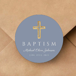 Religiöse Cross Dusty Blue Boy Taufe Runder Aufkleber