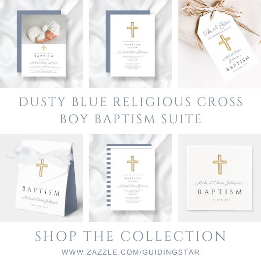 Religiöse Cross Dusty Blue Script Boy Taufe Einladung