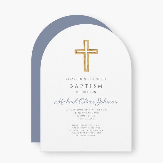 Religiöse Cross Dusty Blue Script Boy Taufe Einladung