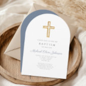 Religiöse Cross Dusty Blue Script Boy Taufe Einladung