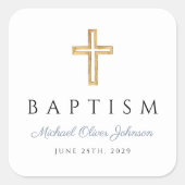 Religiöse Cross Dusty Blue Script Boy Taufe Quadratischer Aufkleber (Vorderseite)