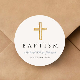 Religiöse Cross Dusty Blue Script Boy Taufe Runder Aufkleber