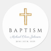 Religiöse Cross Dusty Blue Script Boy Taufe Runder Aufkleber (Vorderseite)