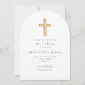 Religiöse Cross Dusty Blue Stripe Boy Taufe Arch Einladung (Vorderseite)