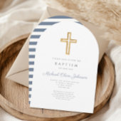 Religiöse Cross Dusty Blue Stripe Boy Taufe Arch Einladung