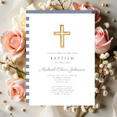 Religiöse Cross Dusty Blue Stripes Boy Taufe Einladung