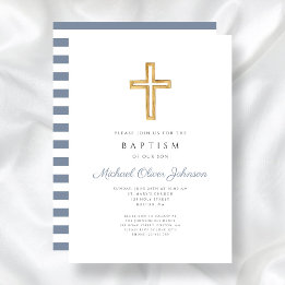 Religiöse Cross Dusty Blue Stripes Boy Taufe Einladung