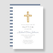 Religiöse Cross Dusty Blue Stripes Boy Taufe Einladung