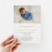 Religiöse Cross Foto Boy Blue Baptism Gold Folieneinladung