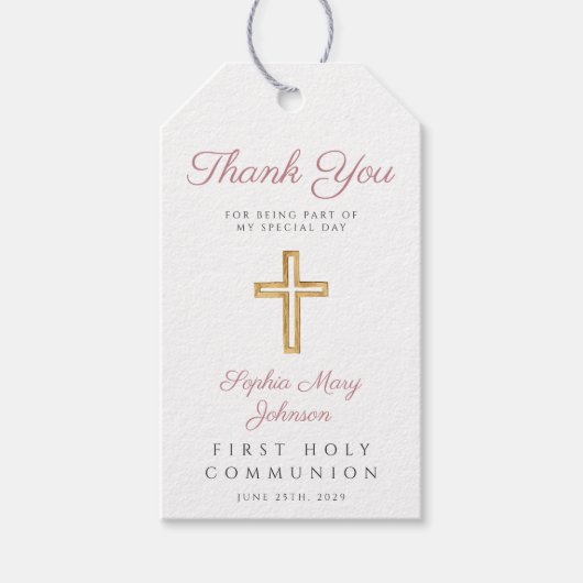 Religiöse Cross Girl Pink Streifen Erste Kommune Geschenkanhänger (Vorderseite)