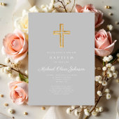 Religiöse Cross Gray Script Boy Taufe Einladung