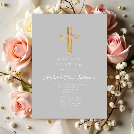 Religiöse Cross Gray Script Boy Taufe Einladung