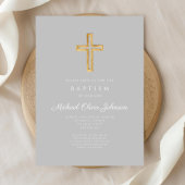 Religiöse Cross Gray Script Boy Taufe Einladung