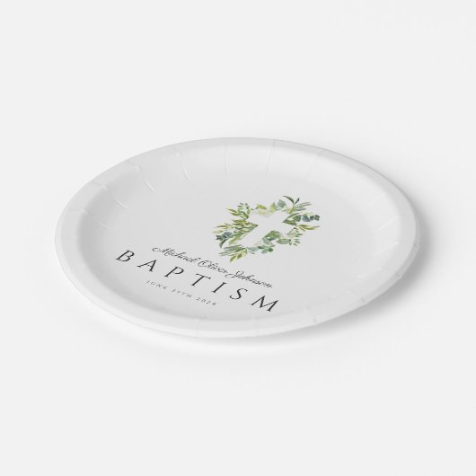 Religiöse Cross Green Botanical Baptim Pappteller (Schrägansicht)