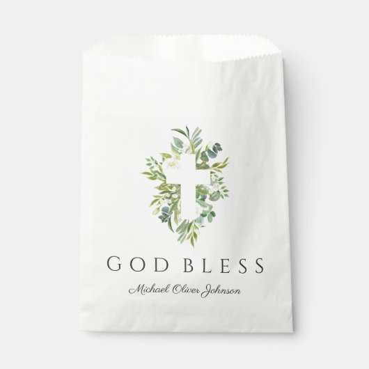 Religiöse Cross Green Botanical God Bless Taufe Geschenktütchen (Vorderseite)