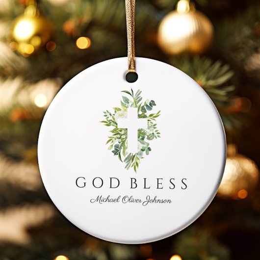 Religiöse Cross Green Botanical God Bless Taufe Keramik Ornament