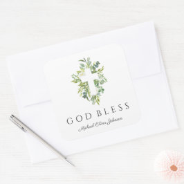 Religiöse Cross Green Botanical God Bless Taufe Quadratischer Aufkleber