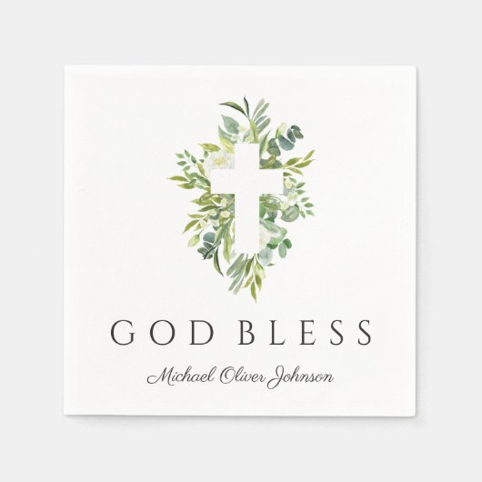 Religiöse Cross Green Botanical God Bless Taufe Serviette (Vorderseite)