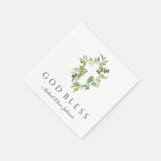 Religiöse Cross Green Botanical God Bless Taufe Serviette (Ecke)