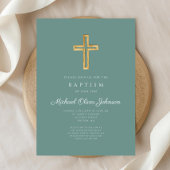 Religiöse Cross Green Script Boy Taufe Einladung