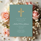 Religiöse Cross Green Script Boy Taufe Einladung