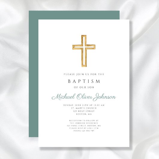 Religiöse Cross Green Script Boy Taufe Einladung