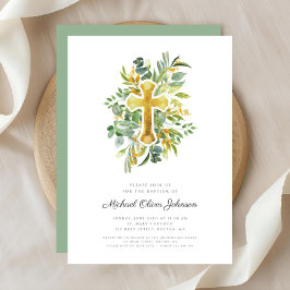 Religiöse Cross Greenery Botanische Taufe Einladung