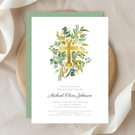 Religiöse Cross Greenery Botanische Taufe Einladung