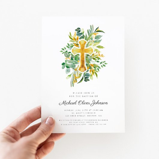 Religiöse Cross Greenery Botanische Taufe Einladung