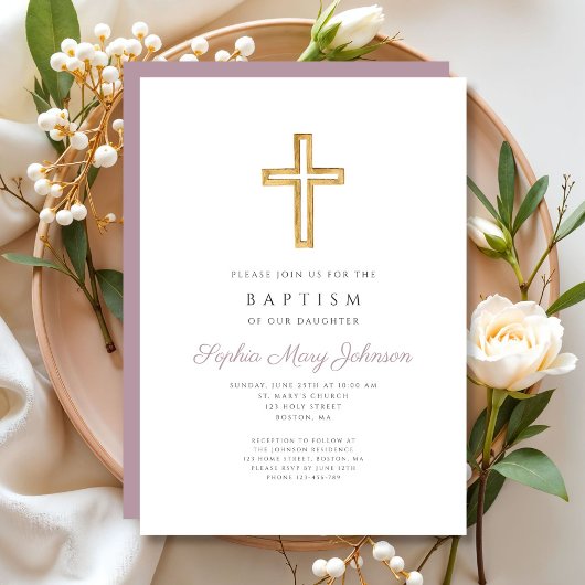 Religiöse Cross Lila Script Girl Baptism Einladung