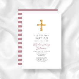 Religiöse Cross Modern Pink Stripes Girl Taufe Einladung