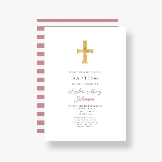 Religiöse Cross Modern Pink Stripes Girl Taufe Einladung