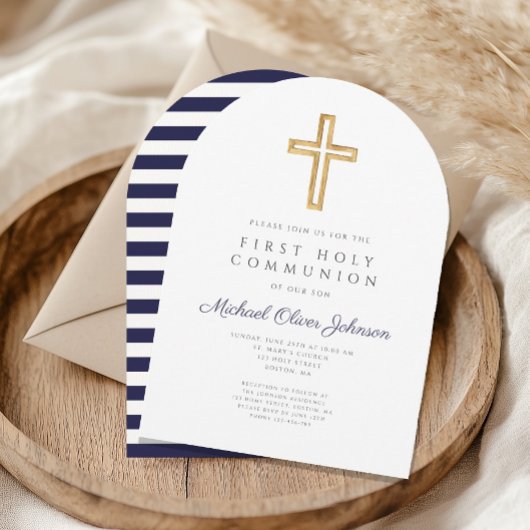 Religiöse Cross Navy Blue Boy First Communion Arch Einladung