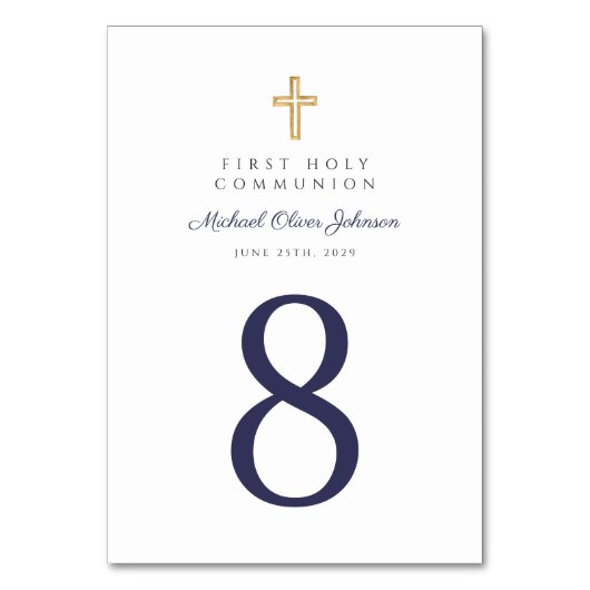 Religiöse Cross Navy Blue Boy First Communion Tischnummer (Vorderseite)