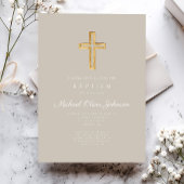 Religiöse Cross Taupe Script Boy Taufe Einladung