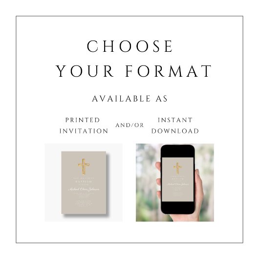 Religiöse Cross Taupe Script Boy Taufe Einladung