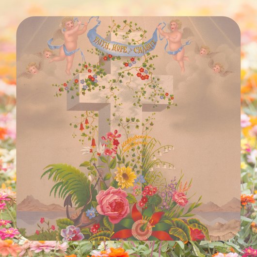 Religiöse Faith Hope Wohltätigkeit Blumenkreuz Ost Quadratischer Aufkleber