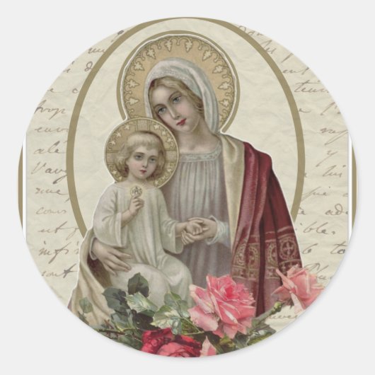 Religiöse gesegnete Vintage Rosen Jungfrau-Marys Runder Aufkleber (Vorderseite)