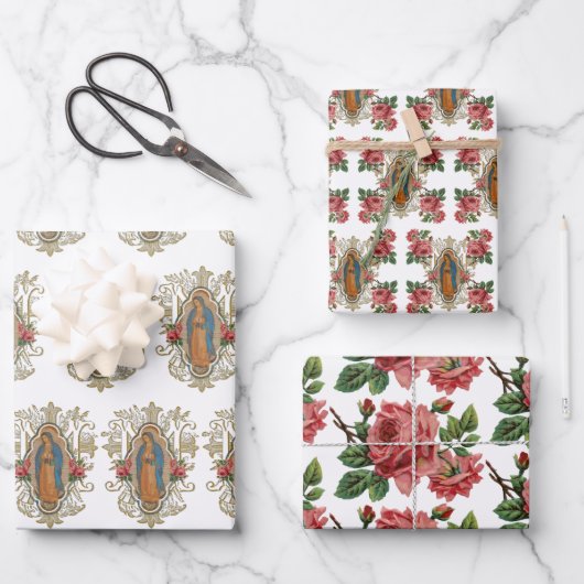 Religiöse Guadalupe Jungfrau Mary Floral Rose Geschenkpapier Set (Vorderseite)
