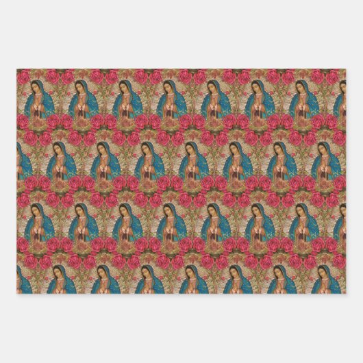 Religiöse Guadalupe Jungfrau Mary Floral Rose Wrap Geschenkpapier Set (Vorderseite)