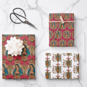 Religiöse Guadalupe Jungfrau Mary Floral Rose Wrap Geschenkpapier Set