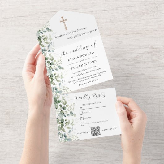 Religiöse Hochzeit | Eukalyptus QR Code All In One Einladung (Abreißen)