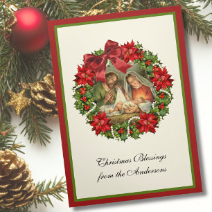 Religiöse Jesus Mary Joseph Nativity Poinsettia Dreifach Gefaltete Urlaubskarte