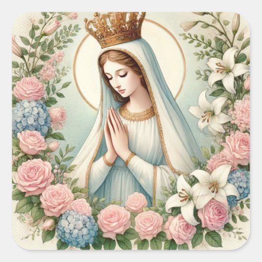 Religiöse Jungfrau Mary Fatima Pink Roses Quadratischer Aufkleber (Vorderseite)