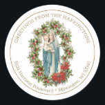 Religiöse Jungfrau Mary Jesus Christmas Poinsettia Runder Aufkleber<br><div class="desc">Ein wunderschönes Vintages katholisches Bild von der Stadt und dem Baby Jesus umgeben von einem Kranz von Poinsettias. Ein Rosenkranz auch auf den Poinsettias. Alle Texte und Schriftart können geändert werden.</div>