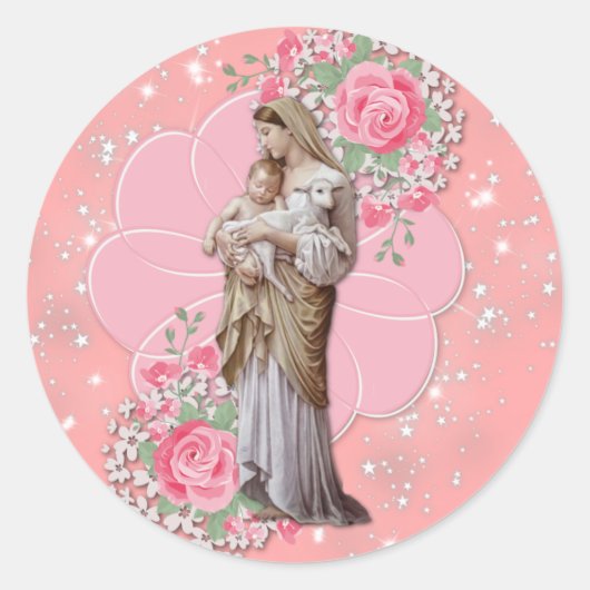 Religiöse Jungfrau Mary Jesus Pink Roses Stars Runder Aufkleber (Vorderseite)