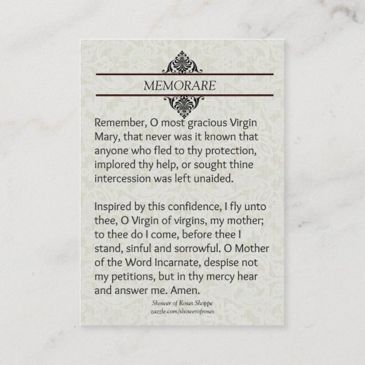 Religiöse Jungfrau Mary Memorare Gebet Heilige Kar Visitenkarte (Rückseite)