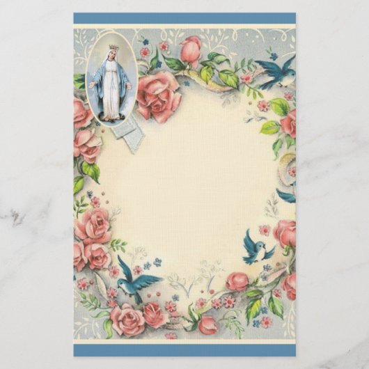 Religiöse Jungfrau Mary Pink Roses Blue Birds Briefpapier (Vorderseite)